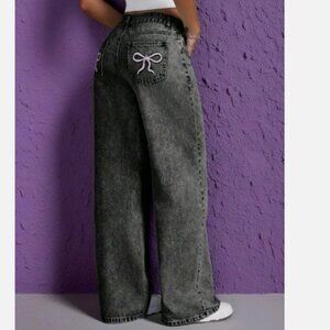 Nova Blue Straight Wide Leg Denim Pants Jeans Back Wash with Pink Bow Pockets